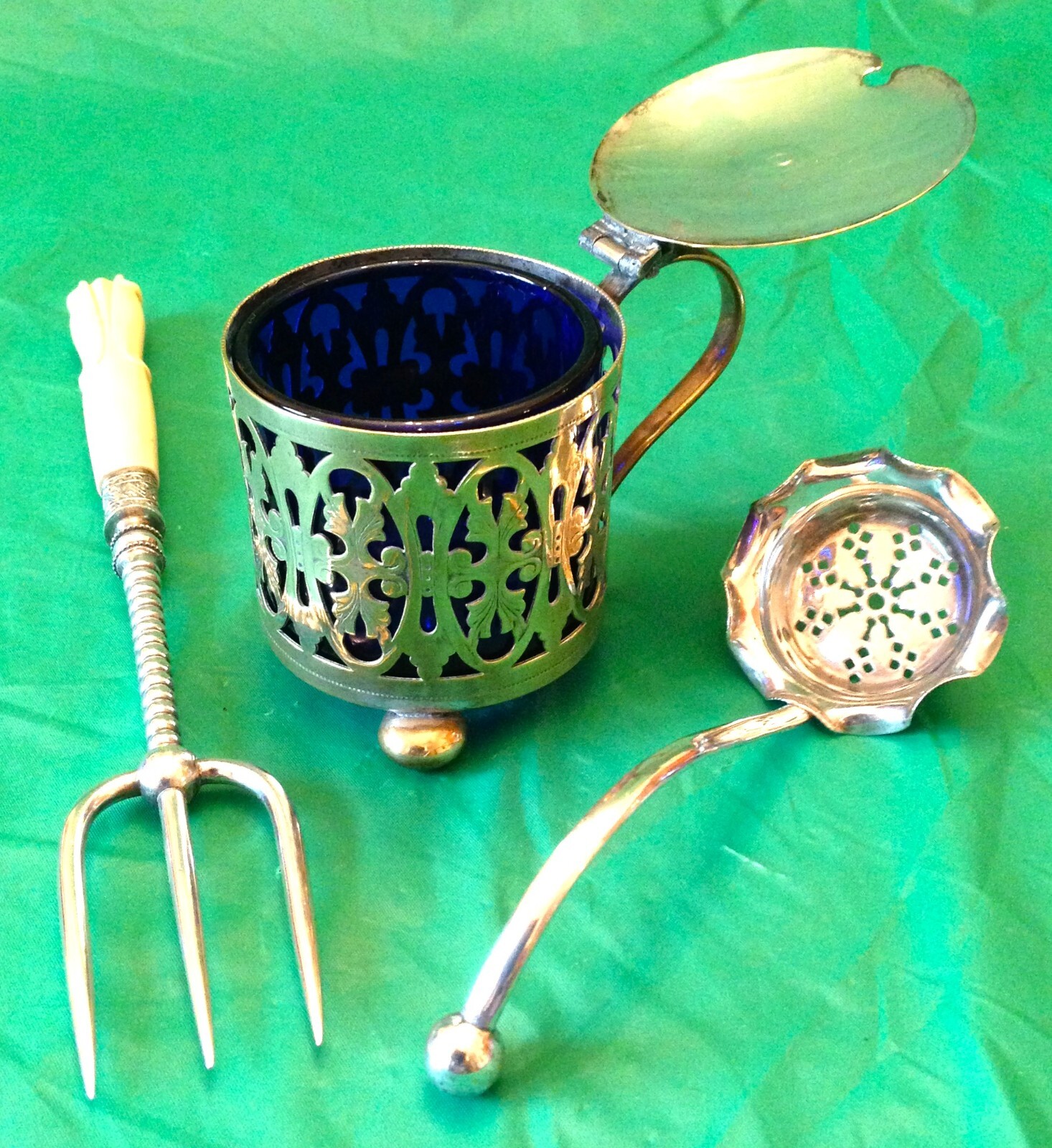 JOB LOT Vintage Silver Plated Mustard Condiment Pot Blue Liner + Sifter & Fork
