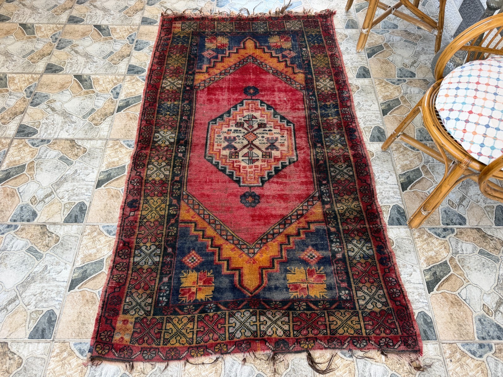 1980s Geometric Turkish Vintage Rug, Distressed Handmade Anatolian Wool Area 4×6