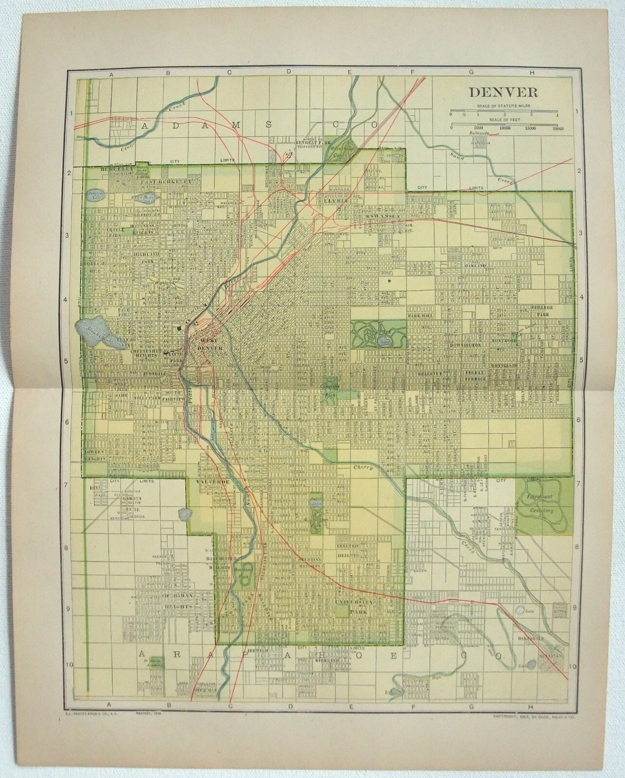 Denver, CO – Original 1910 Dated City Map by Dodd Mead & Company. Antique