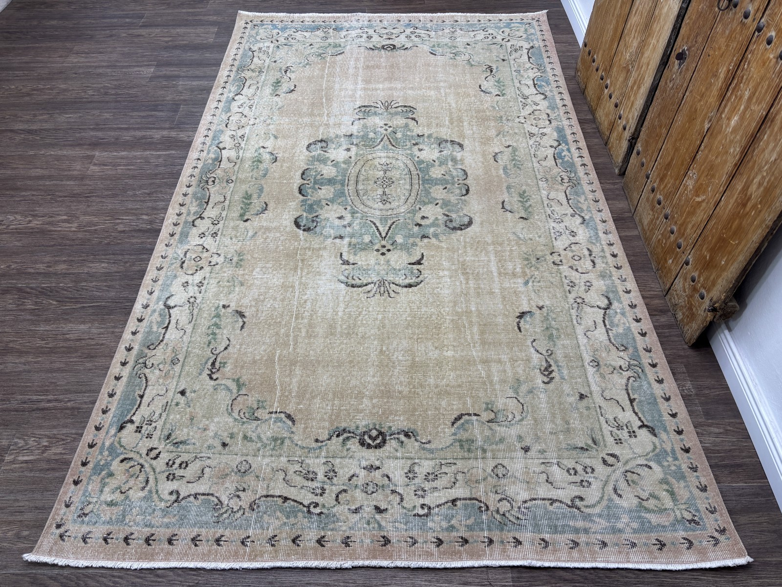 6×10 Beige Green Vintage Turkish Area Rug, Hand-Knotted Wool Living Room Rug