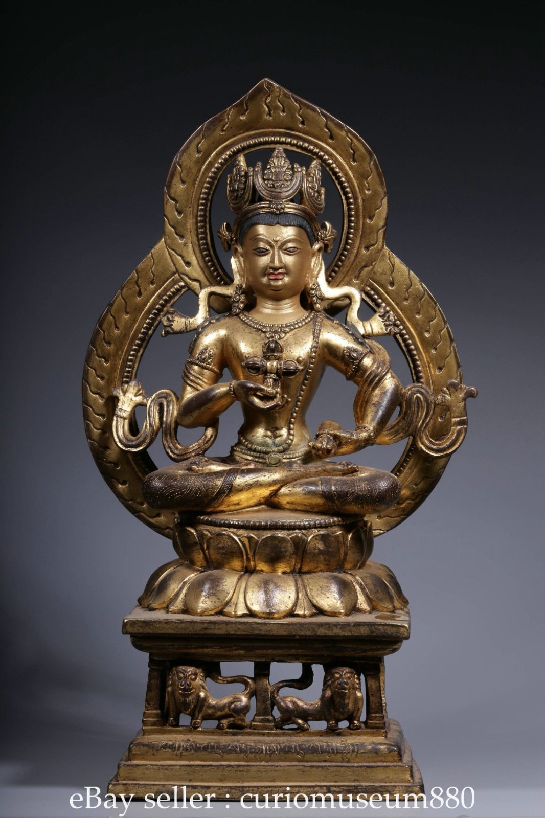 15.6″ Qing Chinese Bronze 24k Gold Gilt Vajrapani Chana Dorje Backlight Statue