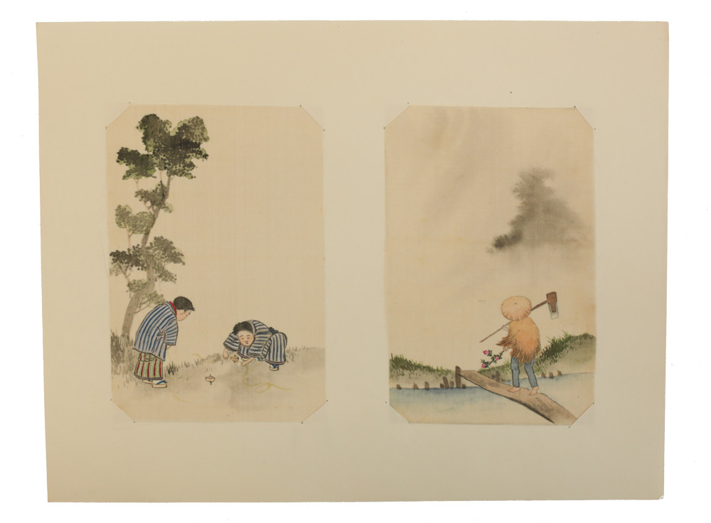 Pair of Japanese Miniature Gouache Painting panels on Silk, c1920