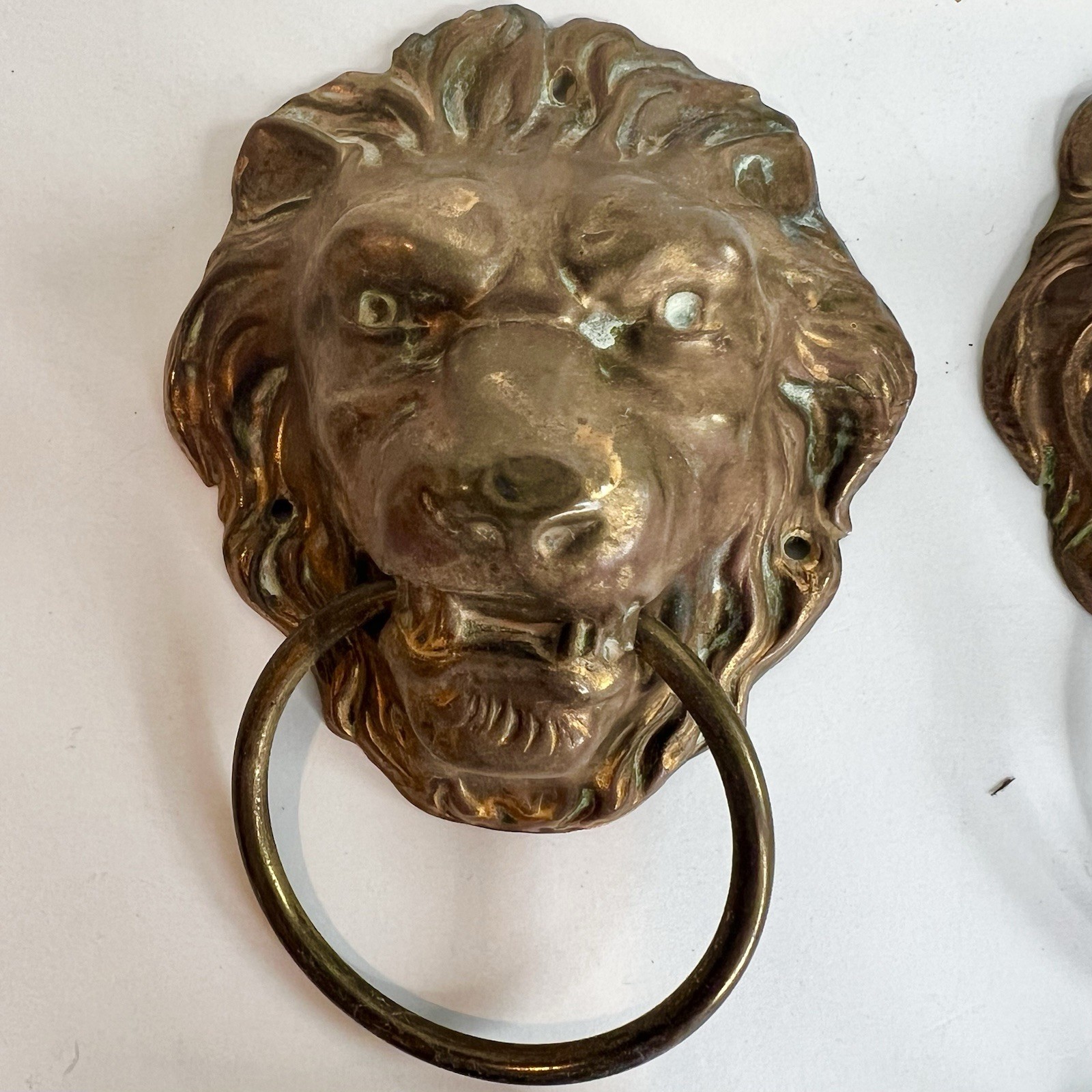 Antique Brass Lion Head Ring Drawer Pulls Pair w/ Column Backplates