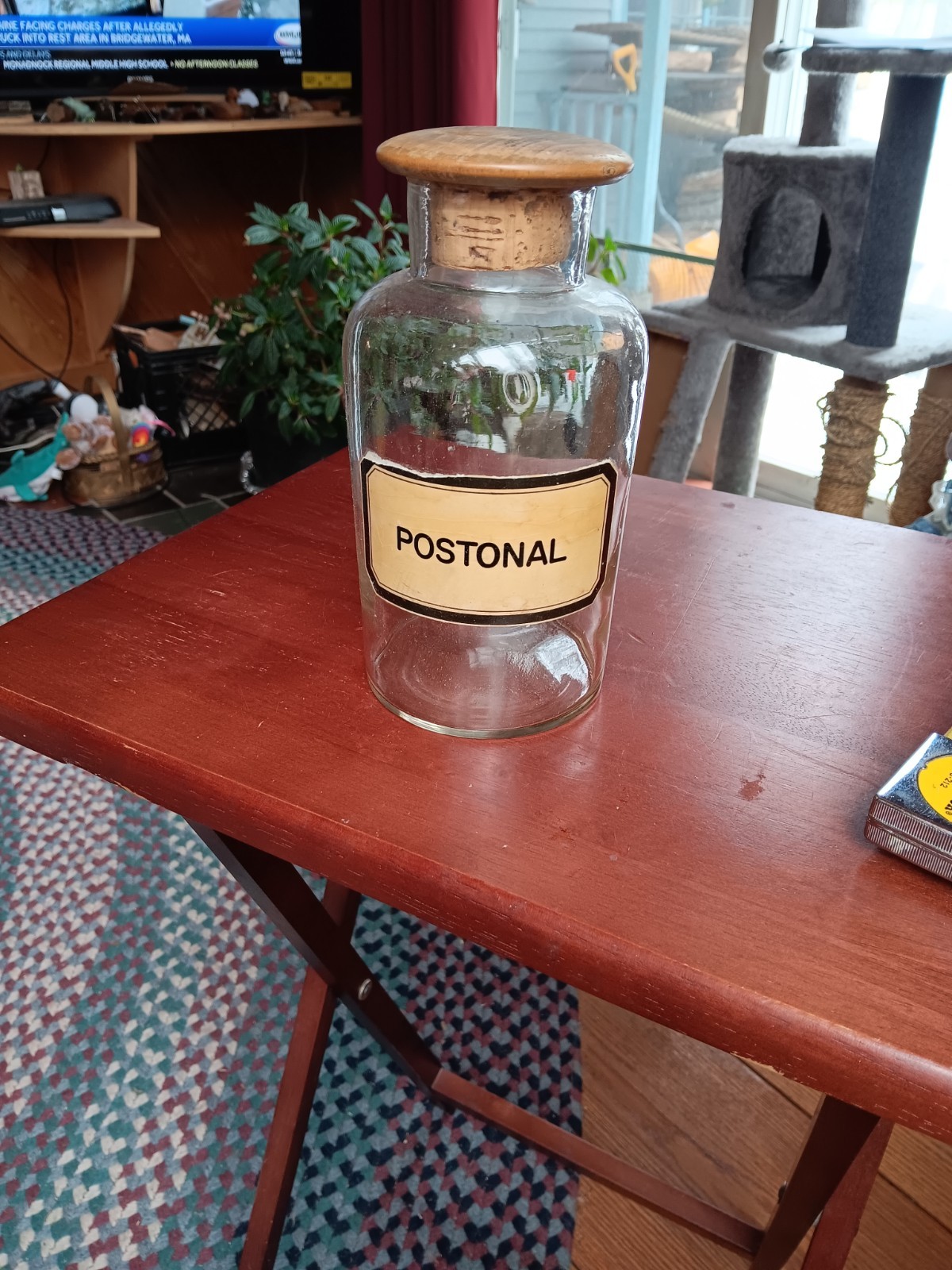 VTG APOTHECARY JAR WITH WOOD & CORK STOPPER LABEL SAYS “POSTONAL”. (1793)