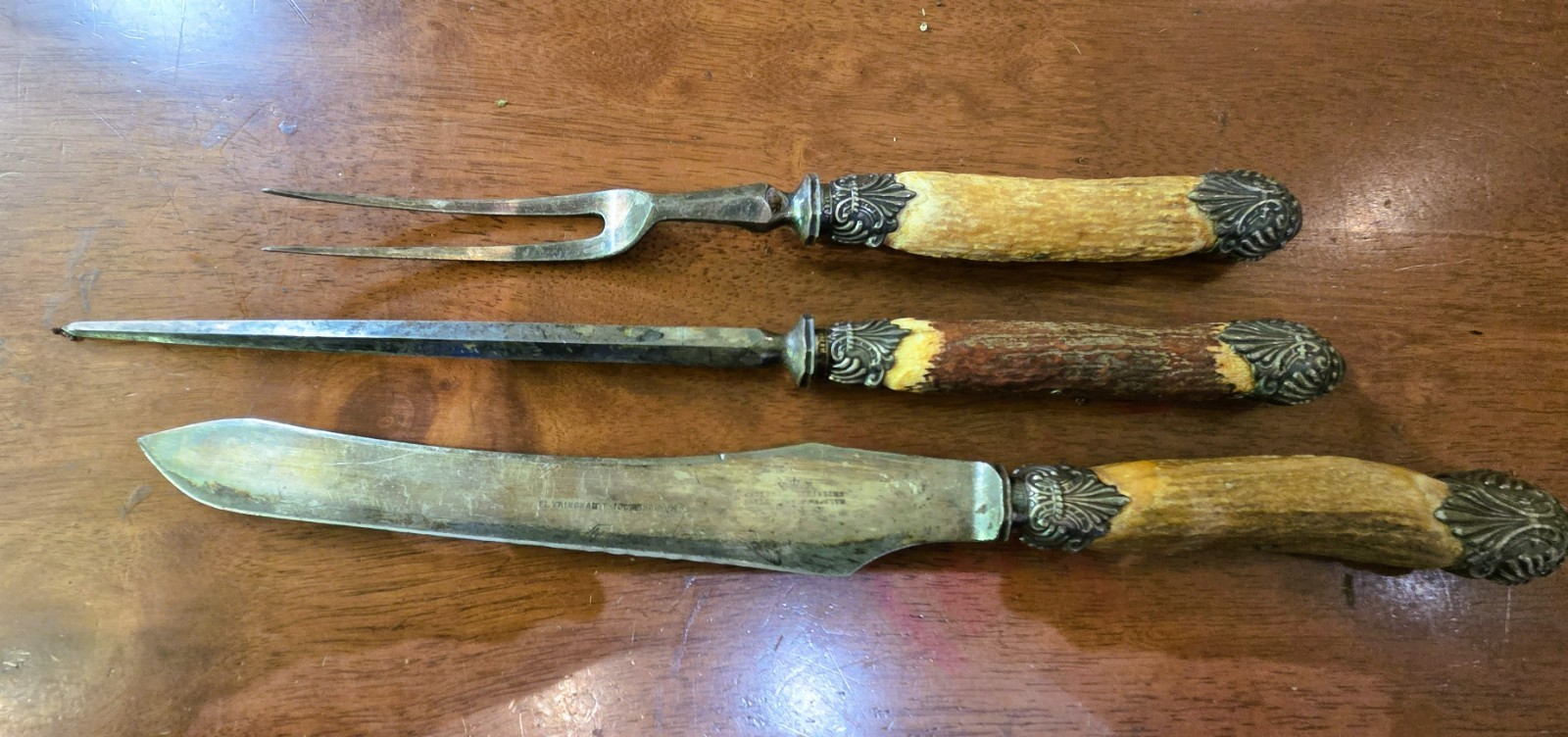 Antique Joseph Rogers & Sons Antler & Silver Handled Carving Set 3 Pieces