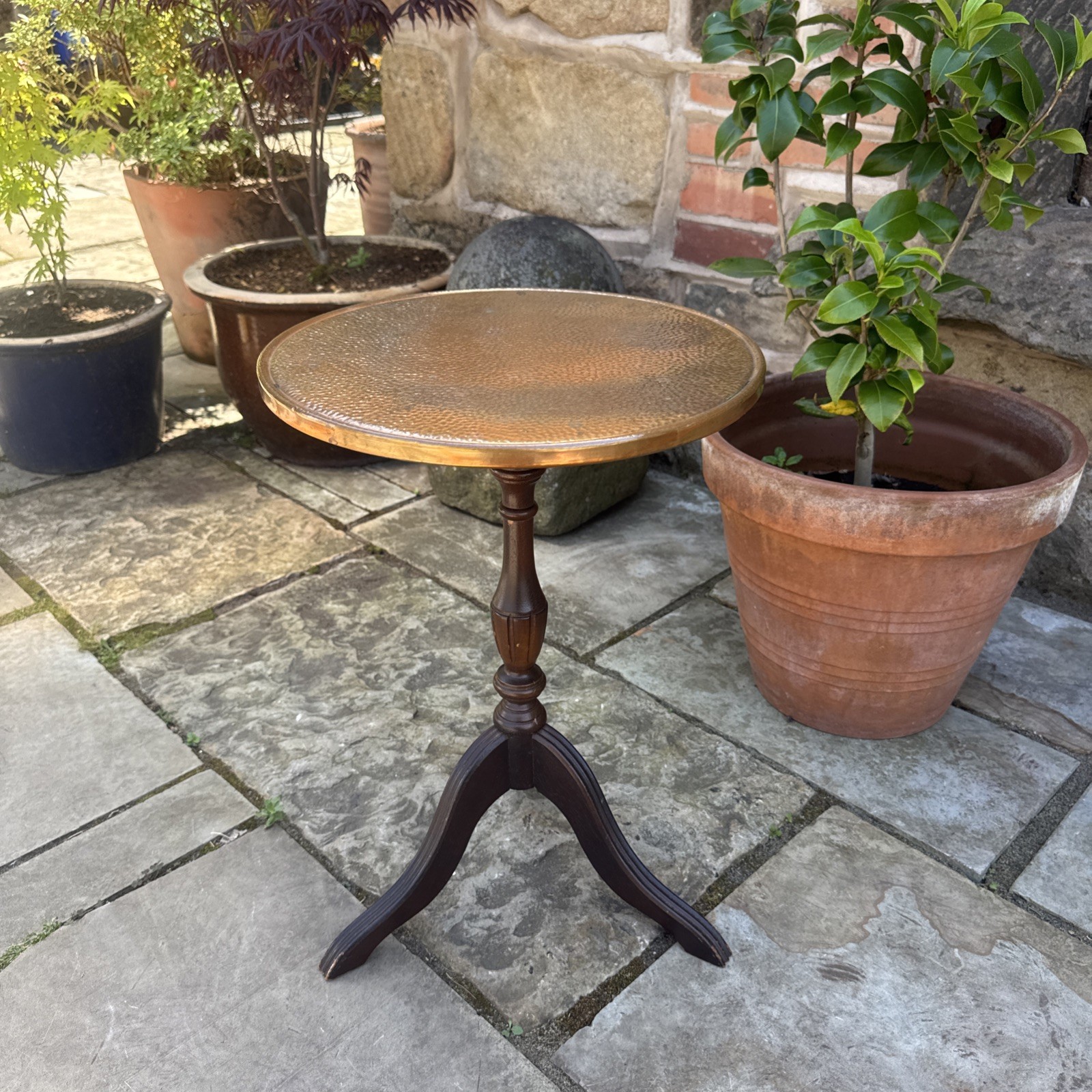 Occasional Wine Table Tripod Wood Copper Top Turned Column Side Table HomeDecor