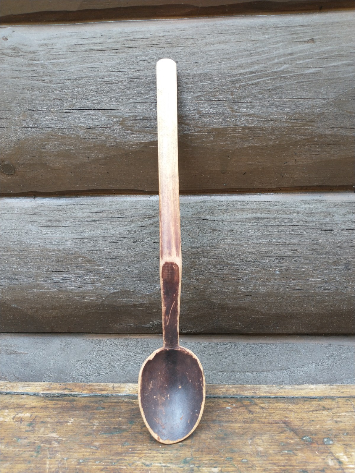 Antique Primitive Carved Long Handle Wooden Spoon Ladle Scoop Kitchen Utensil