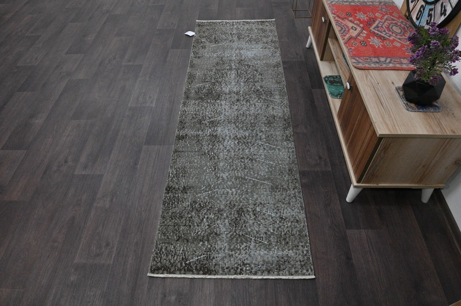 Vintage Turkish Runner Rug 2x7ft GRAY Handmade Anatolian Oushak Hallway Wool