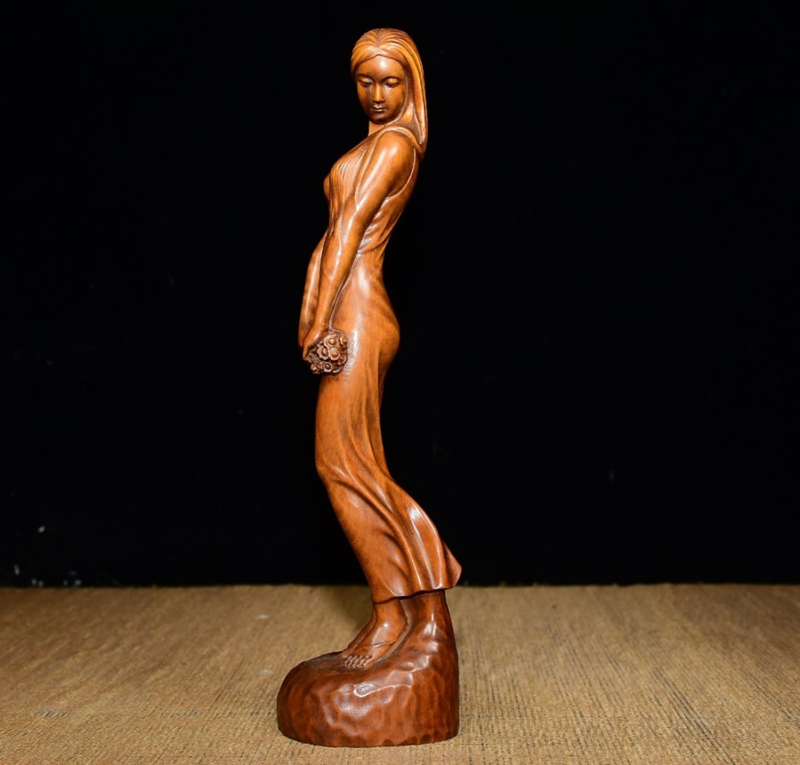 Wooden Ornaments Carved Lady Figurine Intricate Wood Oriental Elegance Graceful