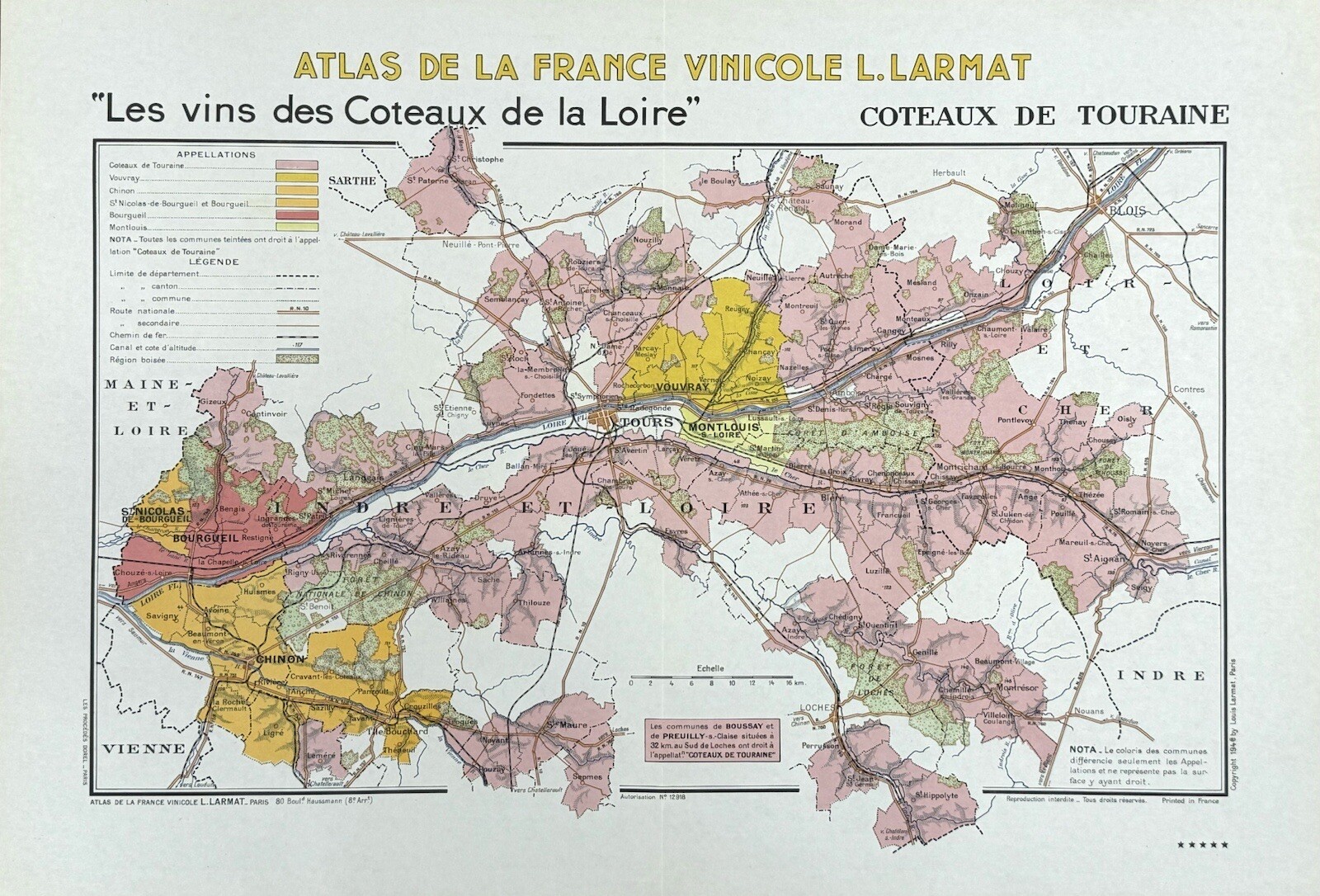 Loire Valley France Wine Atlas Map (Couteaux de Touraine), Louis Larmat 1946