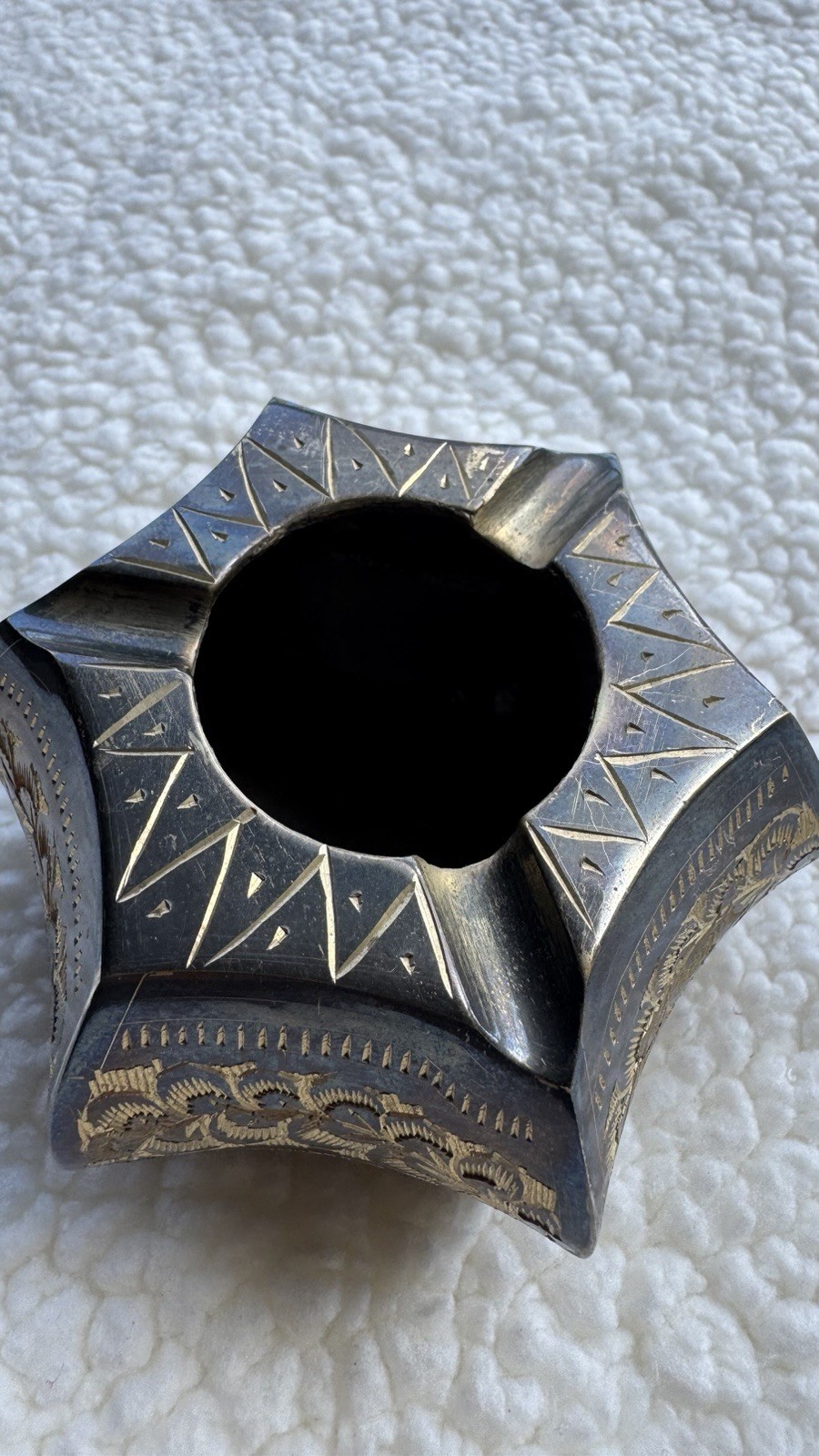 Hand-carved hexagonal brass ashtray