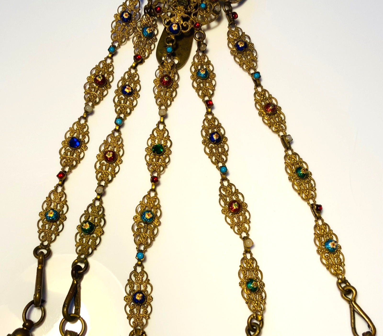 STUNNING! EXTREMELY ORNATE Antique BRASS*JEWELED*ENAMEL*FRENCH*Vanity CHATELAINE