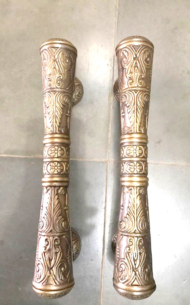 2 large DOOR handle pulls 32 cm solid engraved brass aged old style 13 “