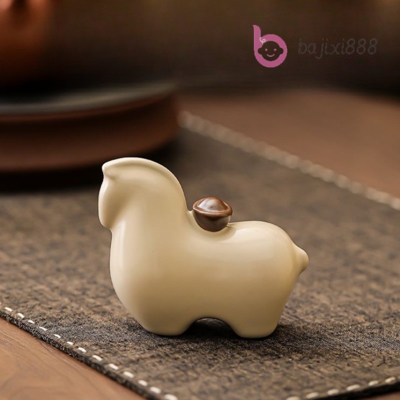 10cm Ceramics Ru Kiln Handcarved Zodiac Horse Absorbing Wealth Tea Pet Ornament