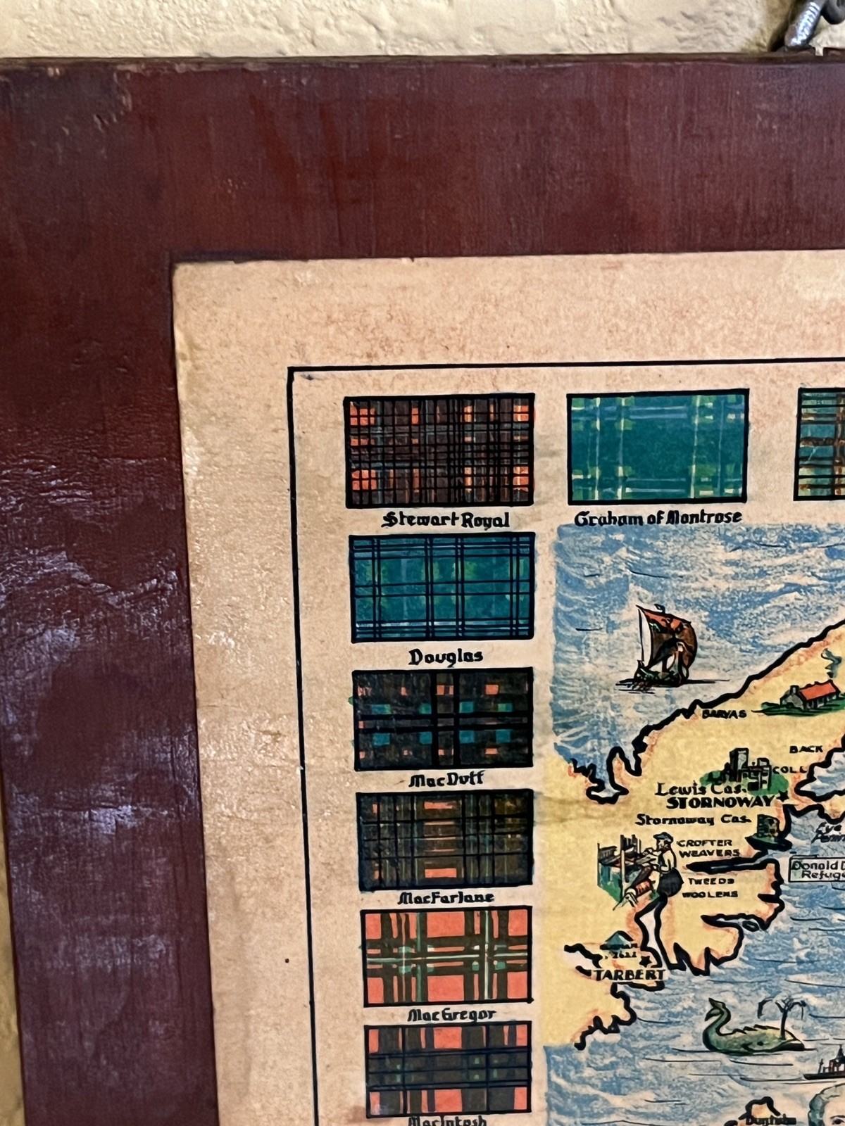 Vintage 1939 ‘The Story Map Of Scotland’ On Wood Placard 15” X 17” Hand Colored!