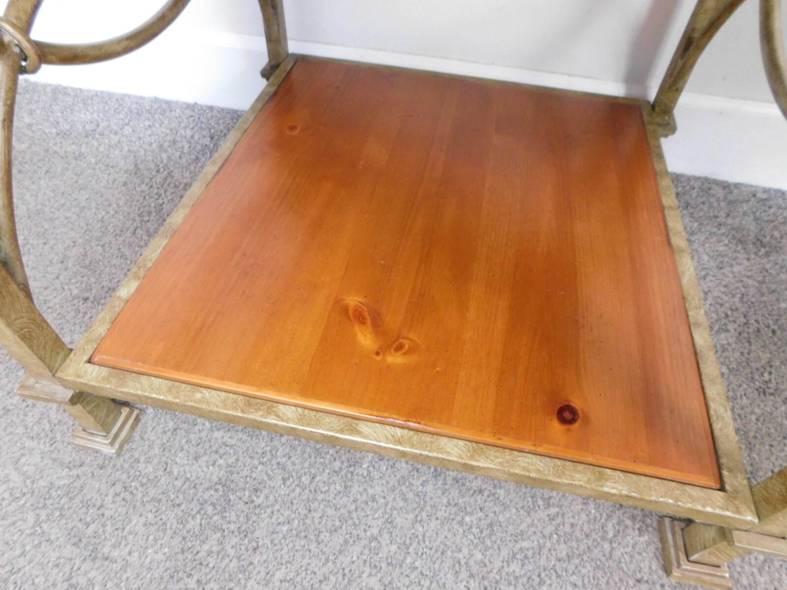 NICE! Designer 26″ SQ Side Lamp Tables Elm Wood & Fancy Gold Antiqued Finish 80s