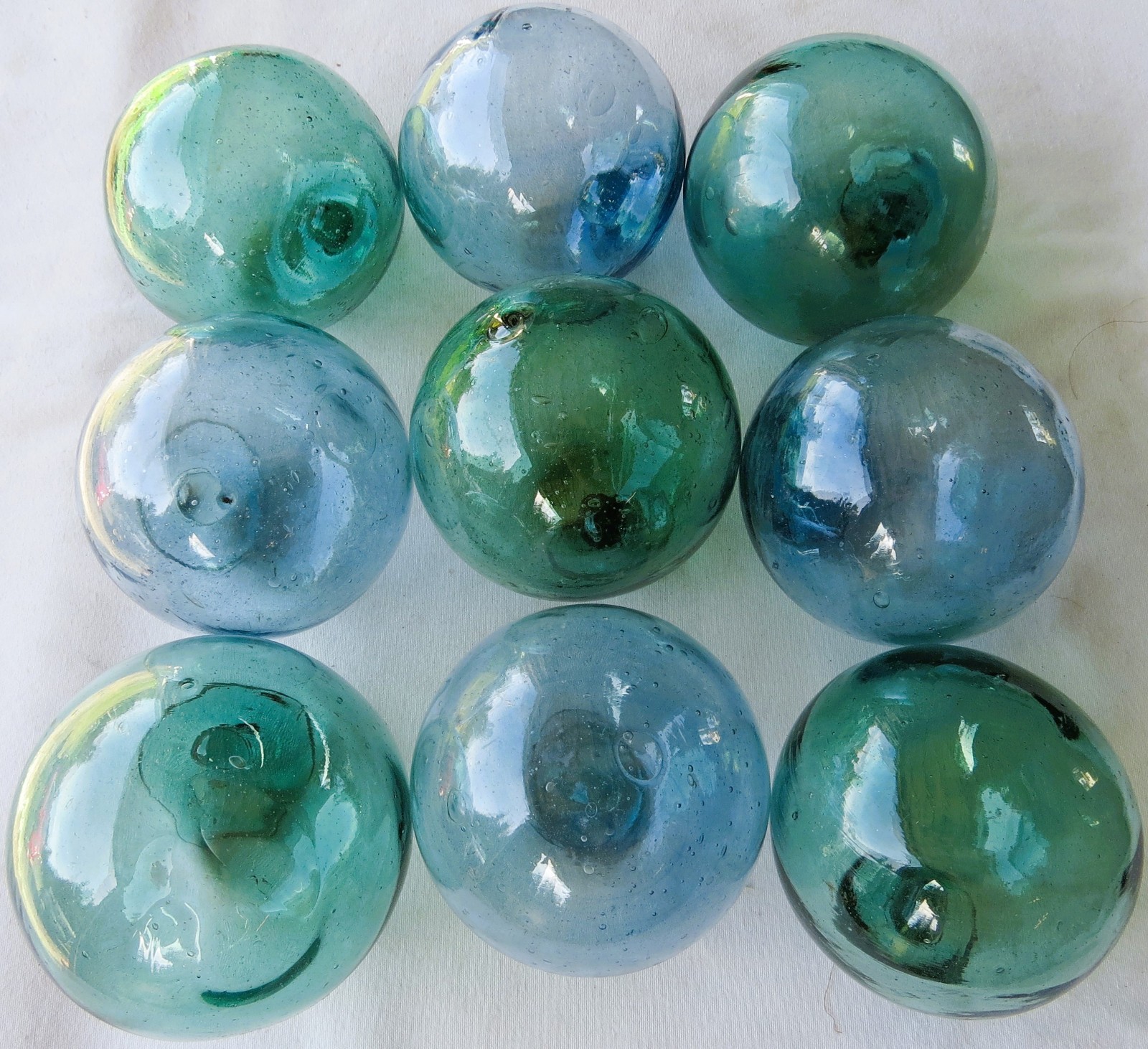 Japanese GLASS FLOATS 3.5″ (9) Sky BLUE/Sea GREEN Makers Marks Antique USA BZ