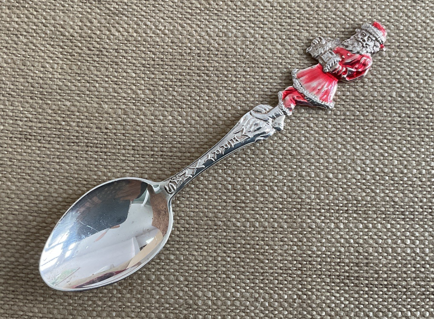 Antique Mayer Bros Sterling Enameled Santa / Christmas Souvenir Demitasse Spoon
