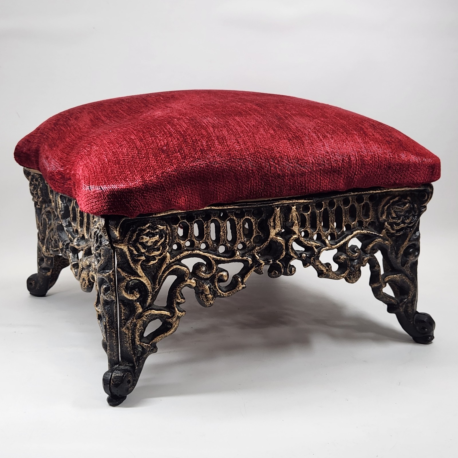 Cast Iron Victorian Footstool Antique Gold Gilt Red Fabric 14″ Square X9.5″tall