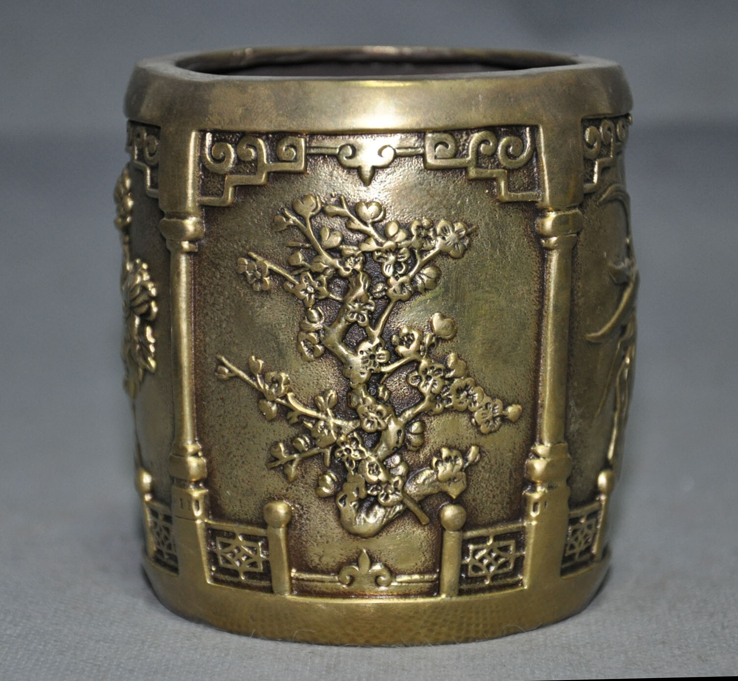 Chinese brass Plum blossom orchid bamboo chrysanthemum Brush Pot portrait vase