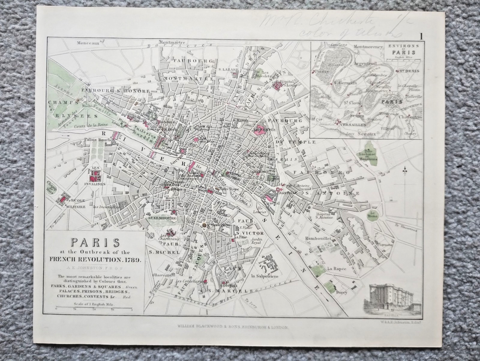 1848 Antique Map Showing Paris at Outbreak of French Revolution in 1789