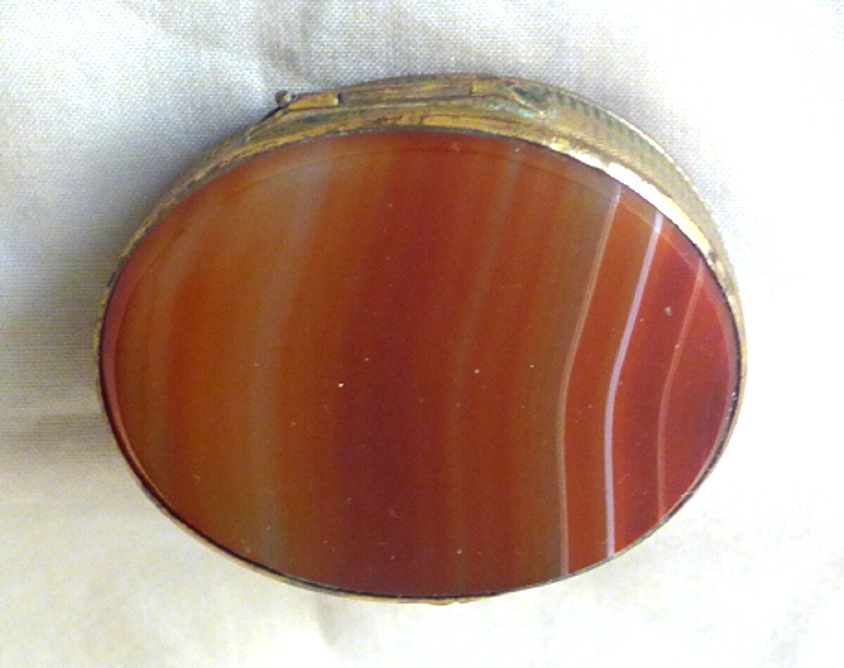 Antique 1800s French Snuffbox Red Orange Banded Agate Gilt Metal Mount Pomponne