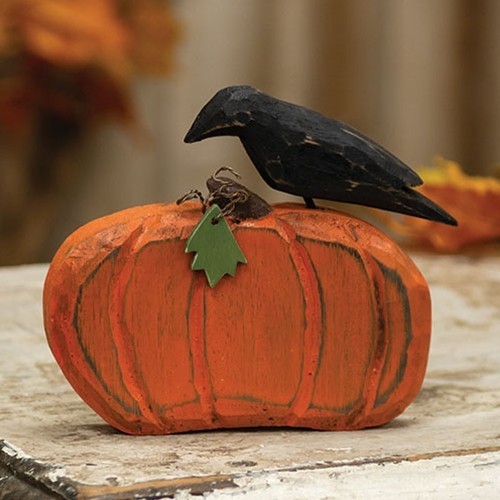 NEW Primitive CROW on PUMPKIN WOOD Orange Black Farm HALLOWEEN FALL 5″Tx5.5″Wx1″