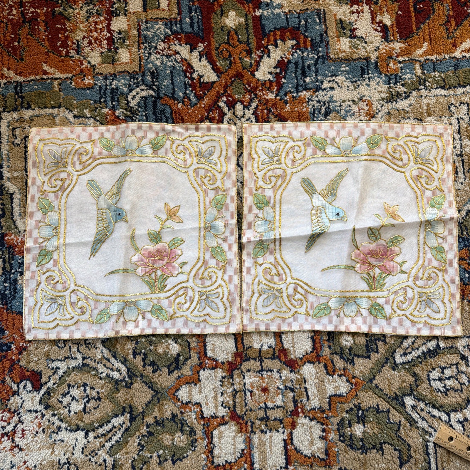 Antique Asian Embroidered Silk Rayon Panels Gold on White Silk 11.5” Square Pair
