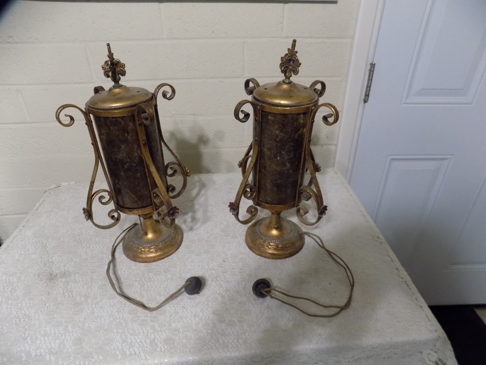 Very Old Pair of Mica Shade, And Iron Lamps, 16 Inch, Patina, Free Shipping