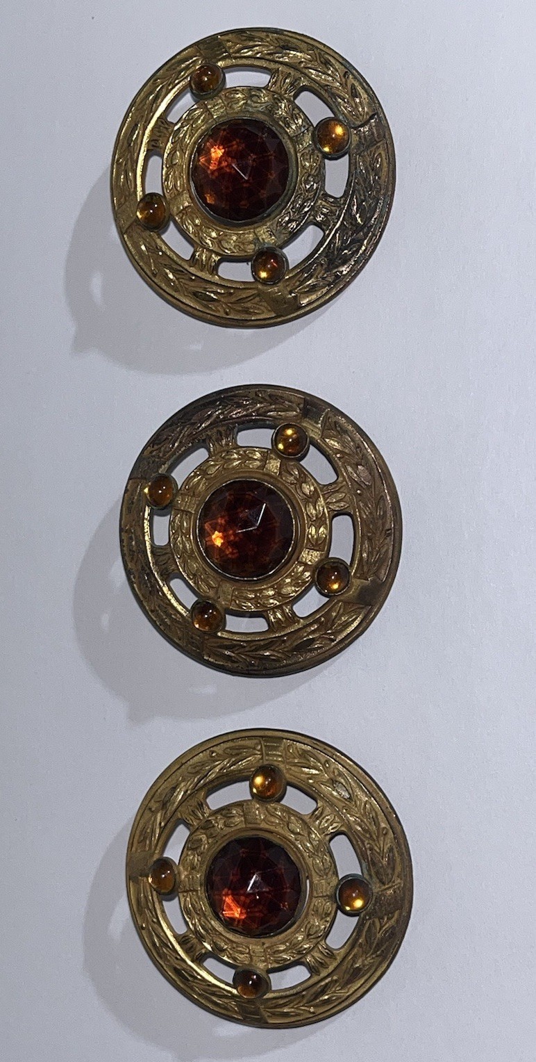 3 Large Antique Gilded Brass Jeweled Coat Buttons ~Beautiful~!