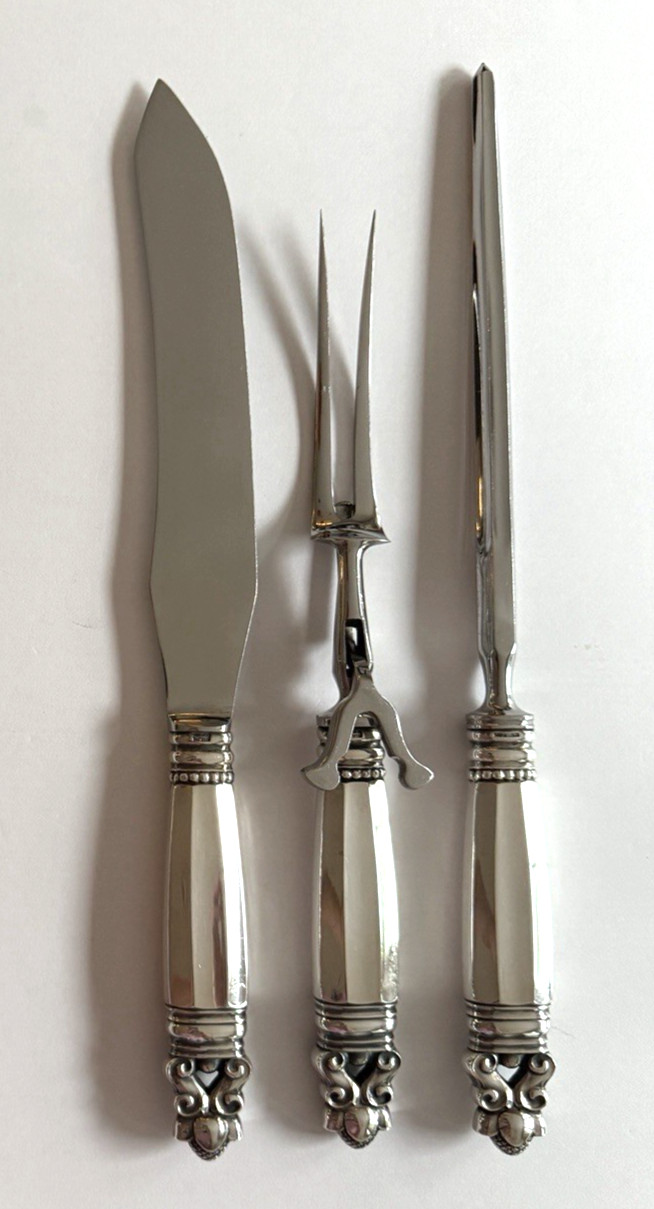 Rare Pre-War Georg Jensen 3-Pc Sterling ACORN Carving Set 1930s Frank Cobb Steel