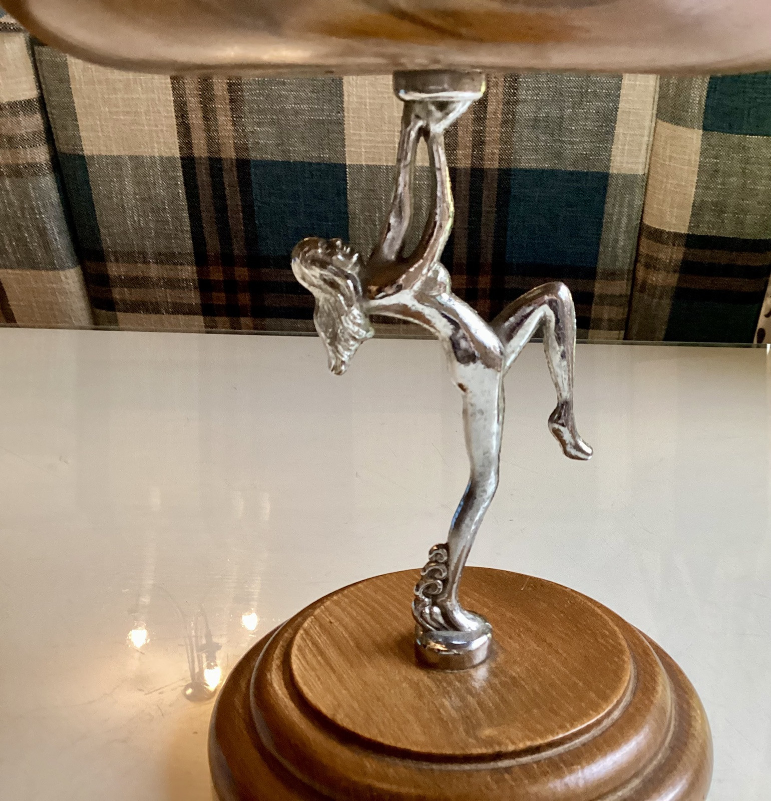 Art Deco Chrome Dancing Nude Figurine Wooden Pedestal Bowl 1930s Antique