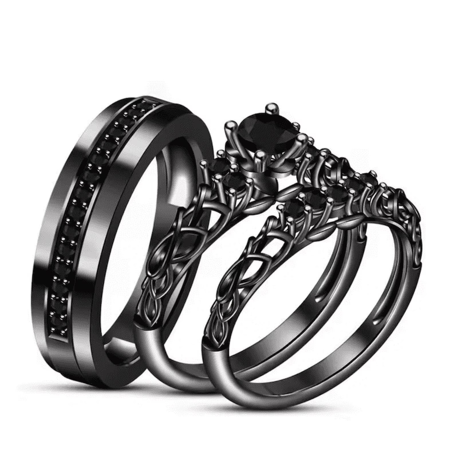 Black Onyx Couple Trio Ring set 14k Black Gold vermeil – Gothic Wedding Propo