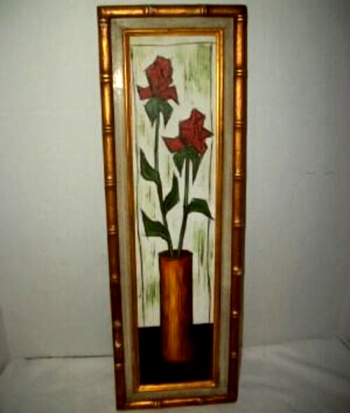 1960s Roses Oil Painting Abstract Gilt Faux Bamboo Wood Frame Long Narrow MCM