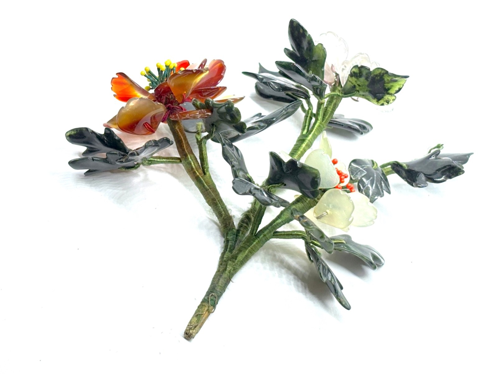 Vintage Branch Of Chinese Carved Gemstone Leaves/Flowers Jade Bonsai Tree