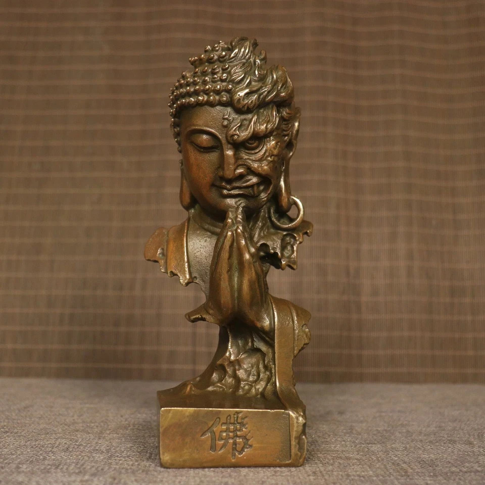 8” Old Tibet Buddhism Pure Bronze Shakyamuni Amitabha Buddha Demon Head Statue