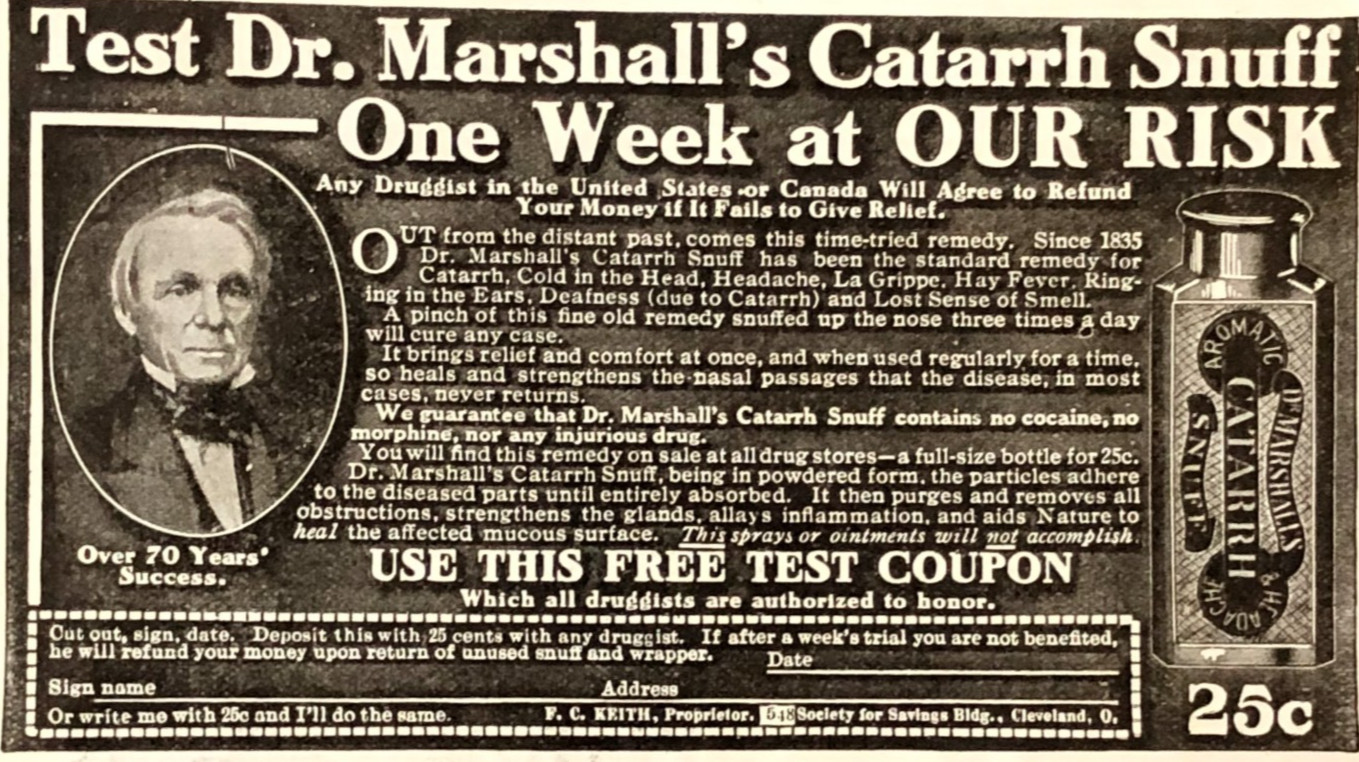 Catarrh Snuff Quack Medicine Advertisement 1907 Cures Disease Antique Print AD