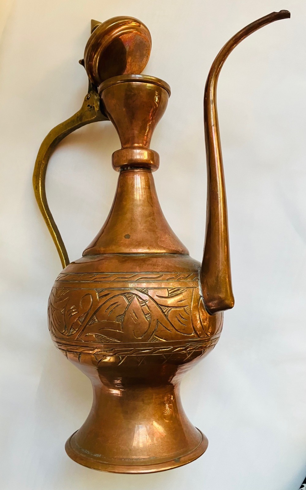 Vintage Islamic Middle Eastern Hand-forged and Engraved Copper Rosewater Ewer