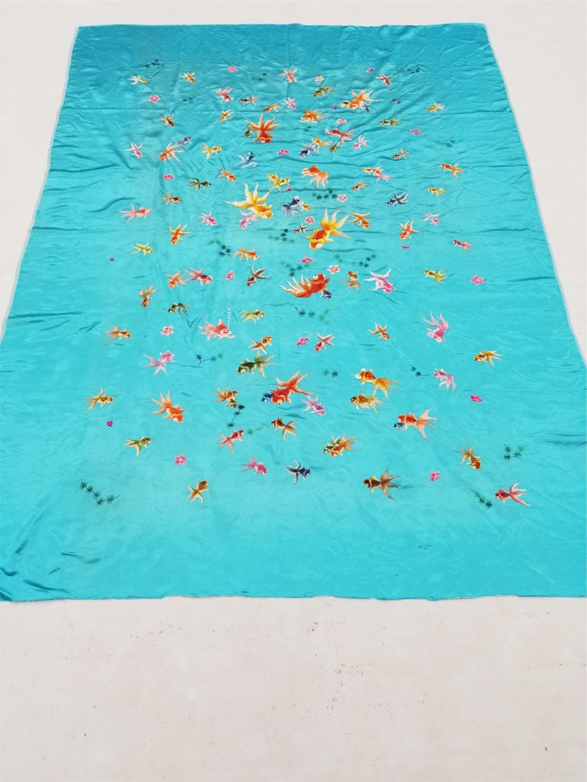 Antique Chinese Hand Embroidered Fishes Silk Panel 75×56 inches