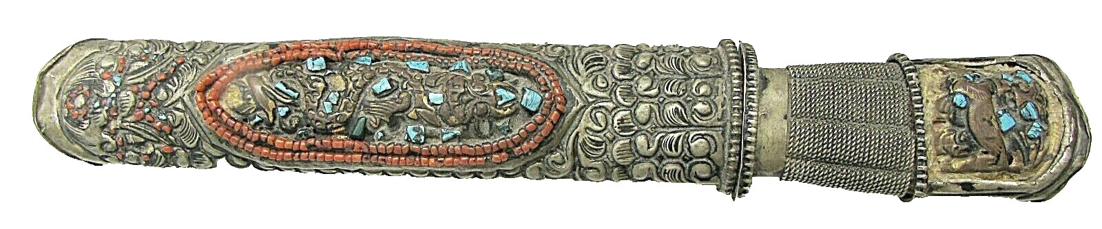 Tibet Antique low grade silver dagger with dragon, marked engraved steel blade.