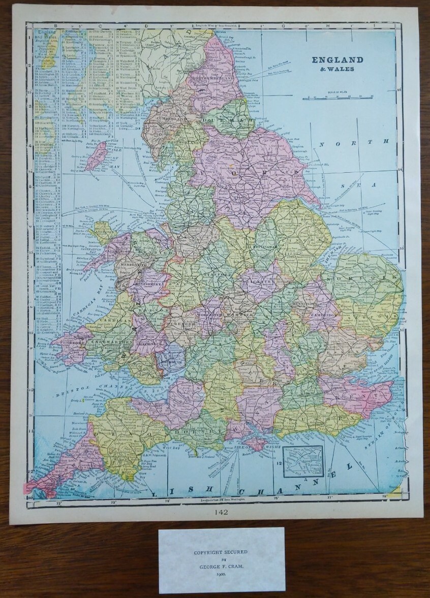 Vintage 1900 ENGLAND WALES Map 11″x14″ ~ Old Antique Original UNITED KINGDOM