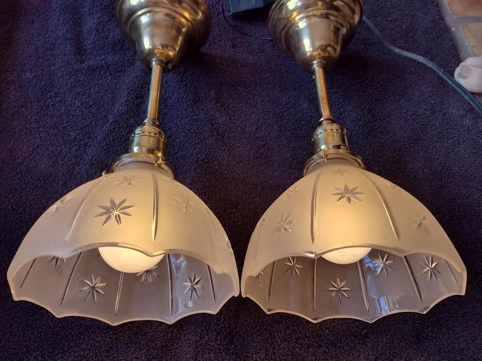 2 Ceiling Fixture Antique 1900-1910s. Scaloped Cut Glass Shades