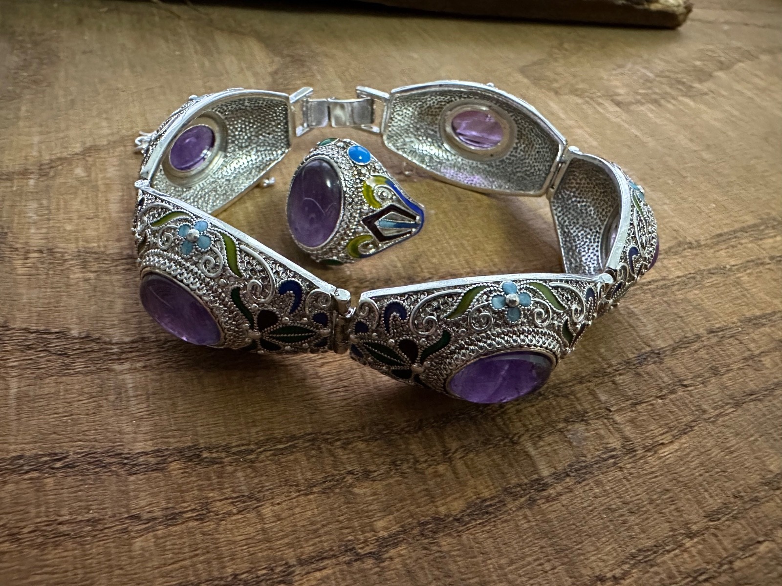 Antique Style Set Chinese Export Women’s Amethyst Panel Bracelet 8″ Enamel Ring