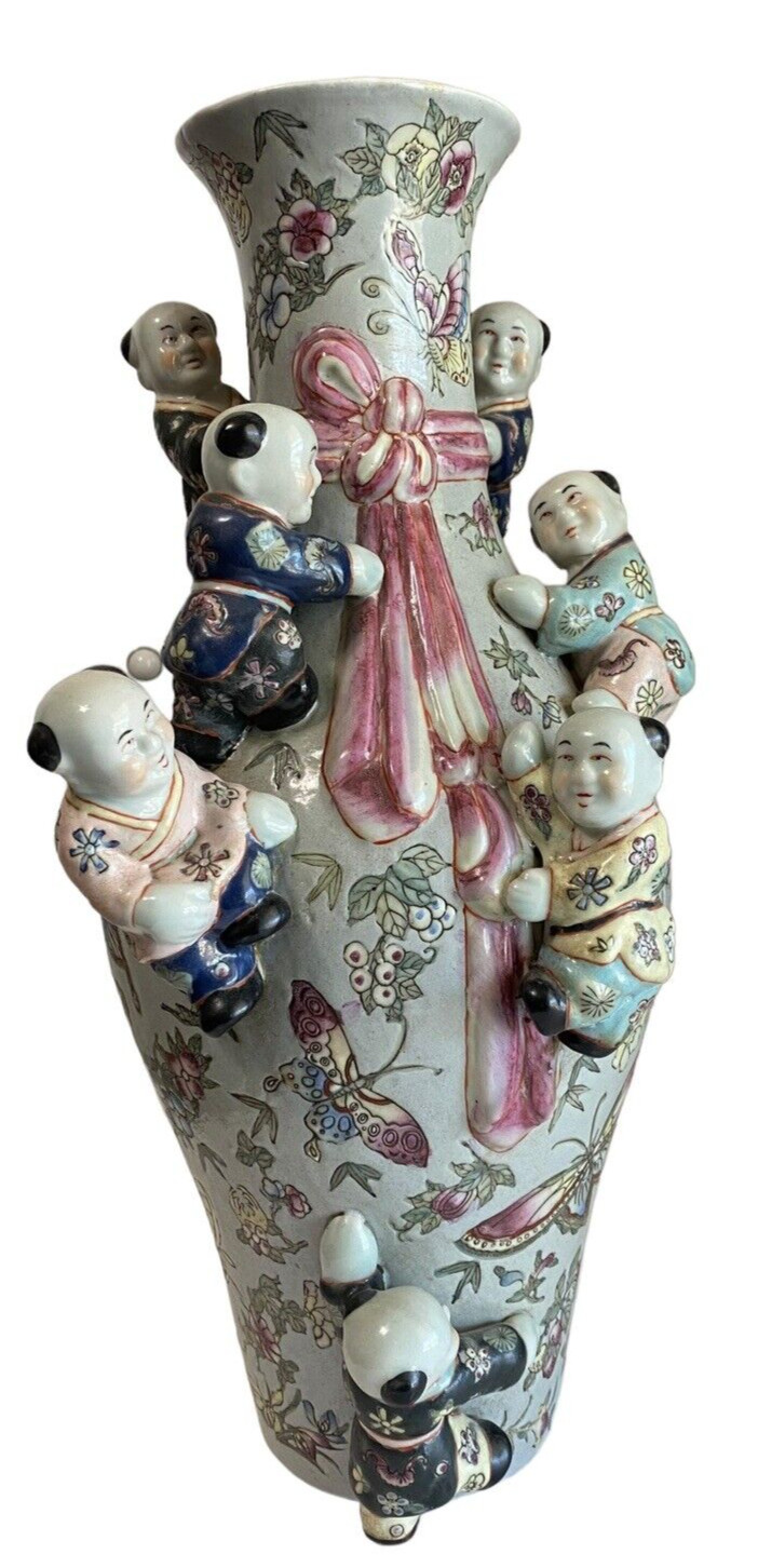 Vintage Chinese FERTITILY Vase – 7 Climbing Children Hand Painted 17.75″ Tall
