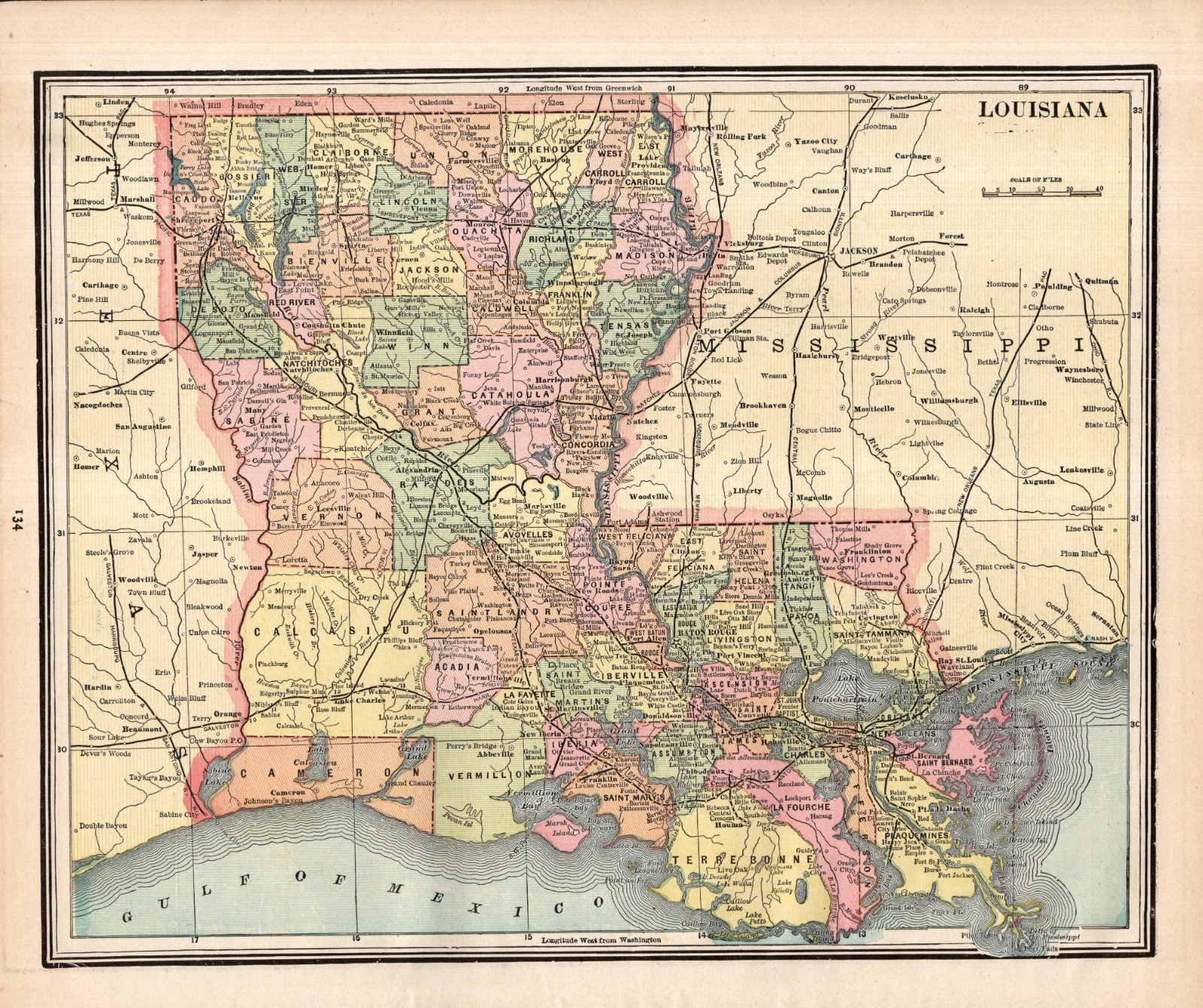 1888 Antique Louisiana Map Vintage George Cram Atlas Map of Louisiana 2998