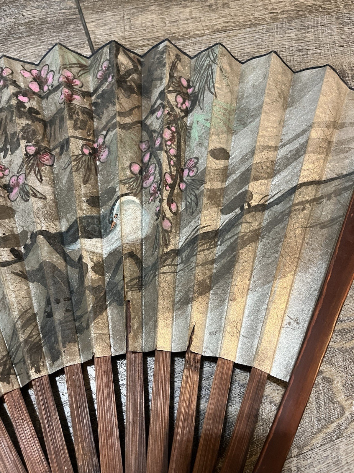 Antique? Vintage? Hand Painted Birds Trees Oriental Folding Fan Beautiful Large!