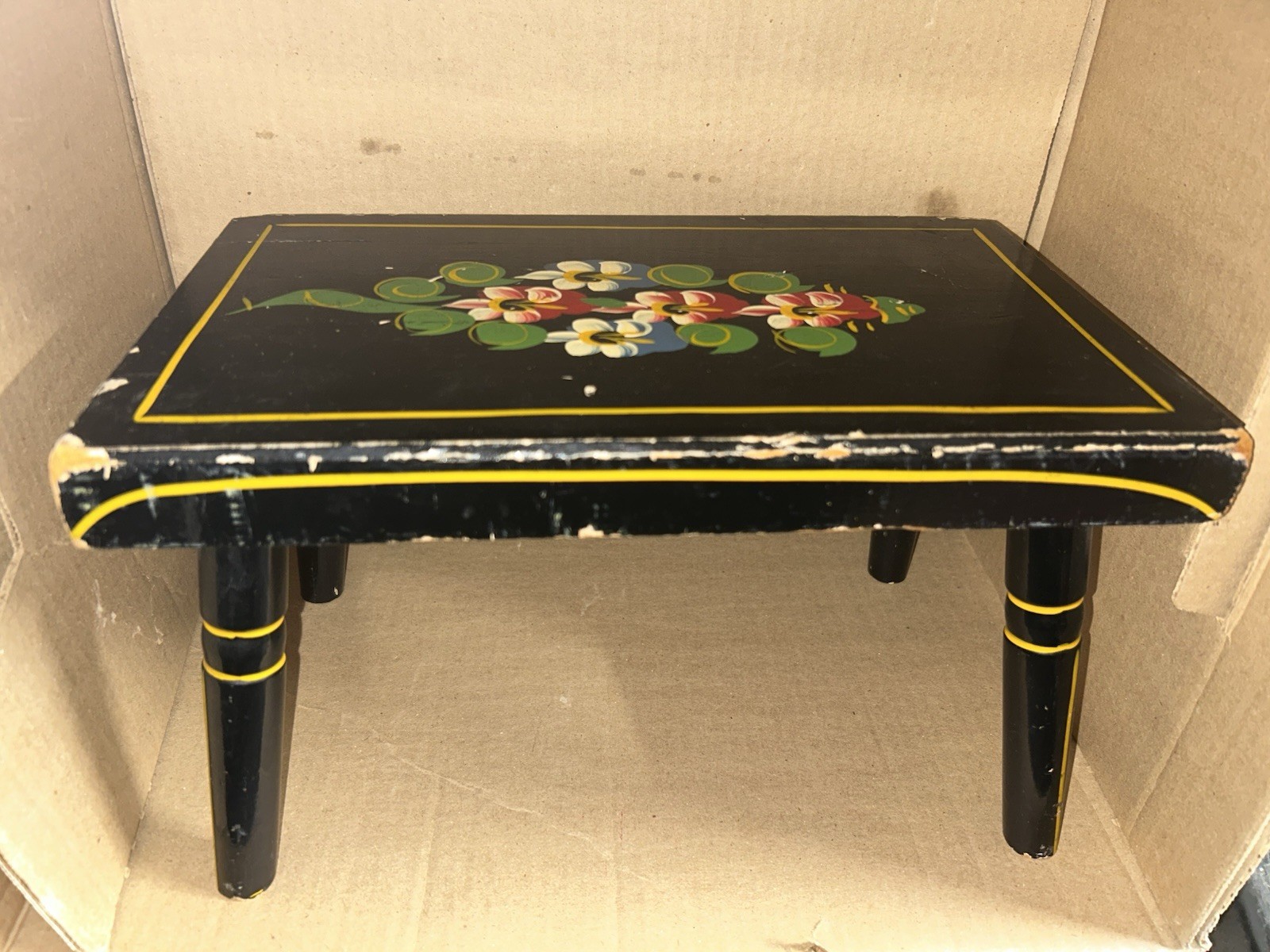 Vintage 1960’s J.S. Ebersol Hand Painted Wood Stool. 12”x7”x7”