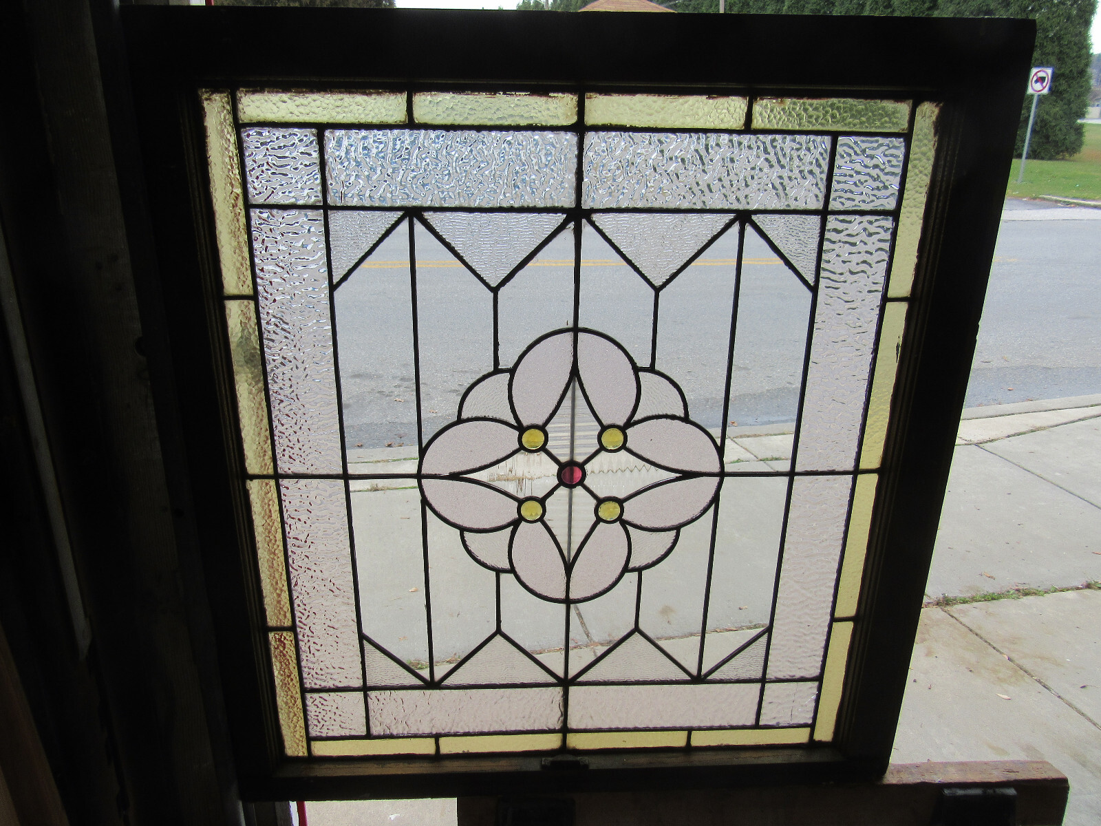 ~ ANTIQUE STAINED GLASS WINDOW 5 JEWELS ~ 31.25 x 33.25 ~ ARCHITECTURAL SALVAGE