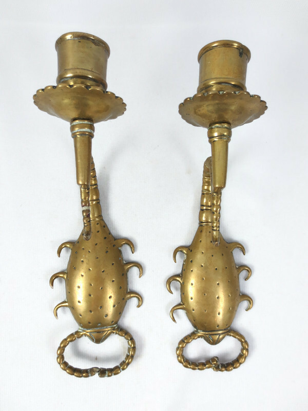 Antique Pair of Brass Scorpion Wall Sconce Candle Holders Insects Gothic Style