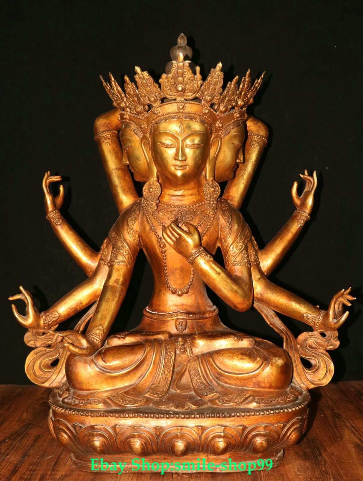 30.3″Tibet Bronze Gild 4 Arms Chenrezig Kwan-yin Guan Yin Goddess Buddha Statue